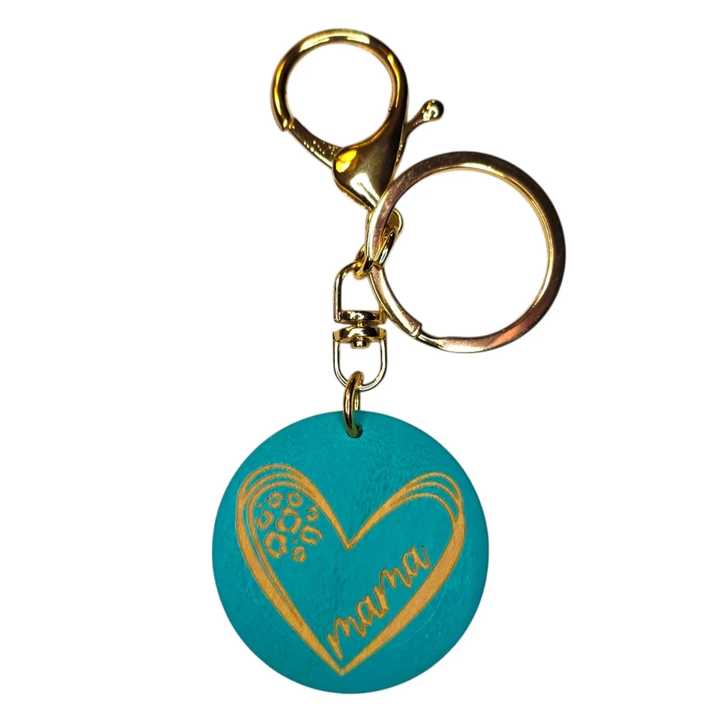 Mama Heart Wood Pendant Keychain / Bag Charm Teal & Gold Fashion Accessories